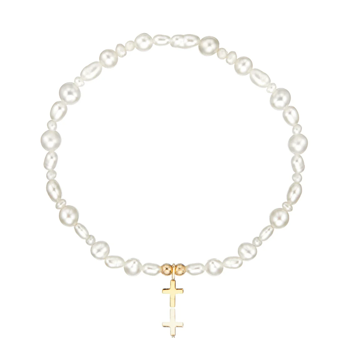 Solid Gold Pearl Tiny Cross Bracelet