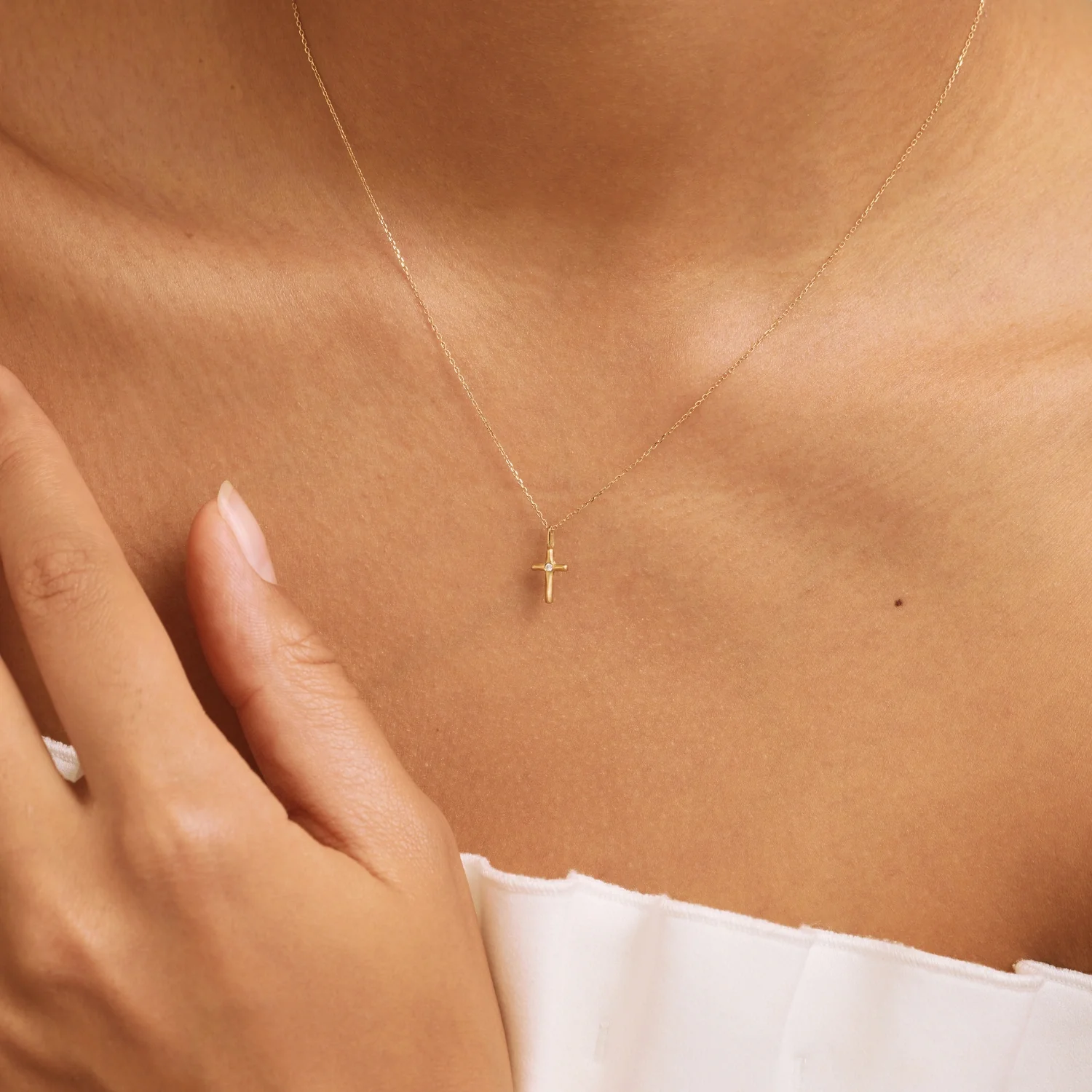 Solid Gold Single Genuine Diamond Tiny Cross Necklace - Image 3