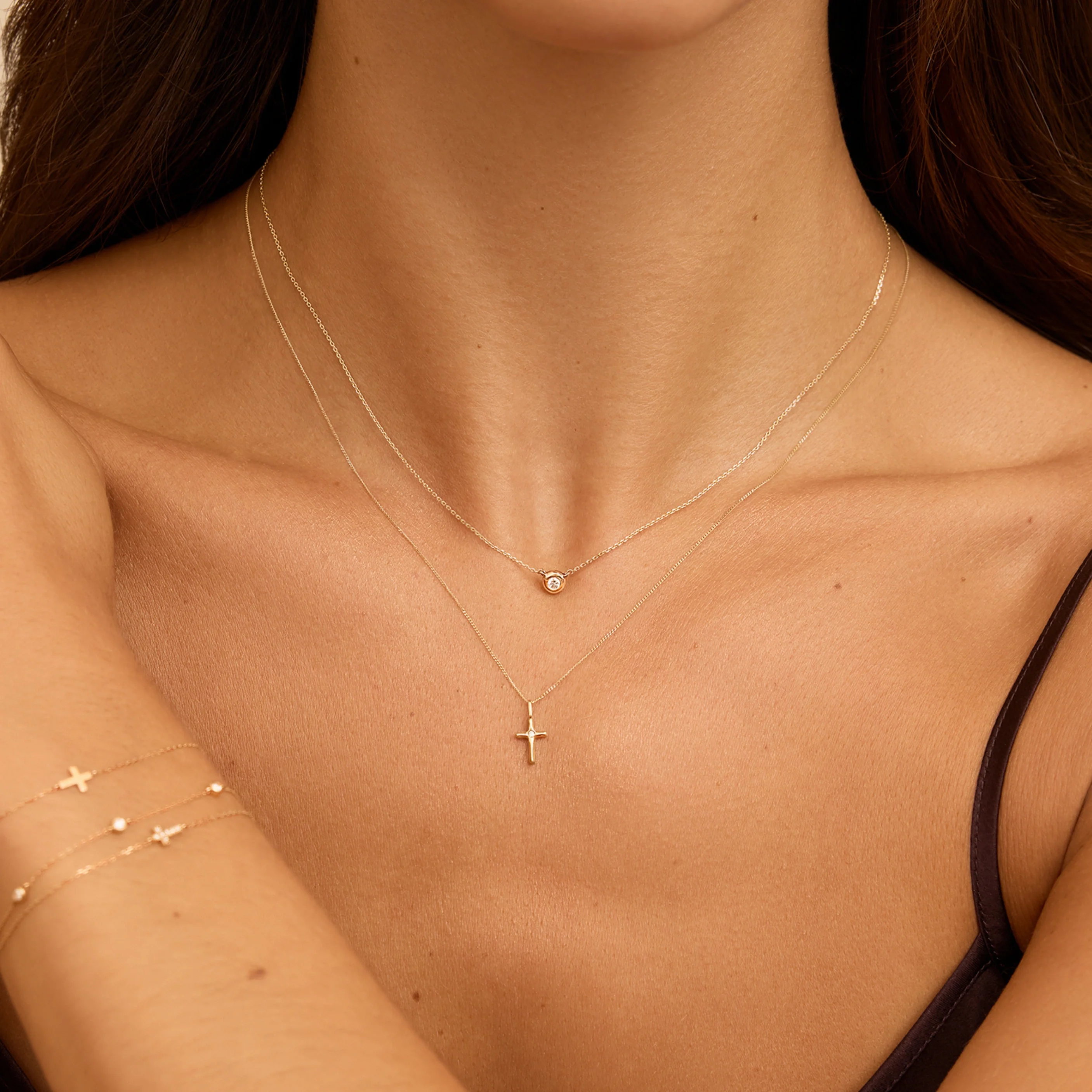 Solid Gold Individual Single Genuine Diamond Tiny Cross Charm - Image 3