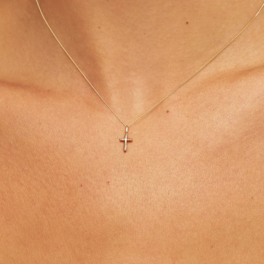 Solid Gold Single Genuine Diamond Tiny Cross Necklace - Image 6