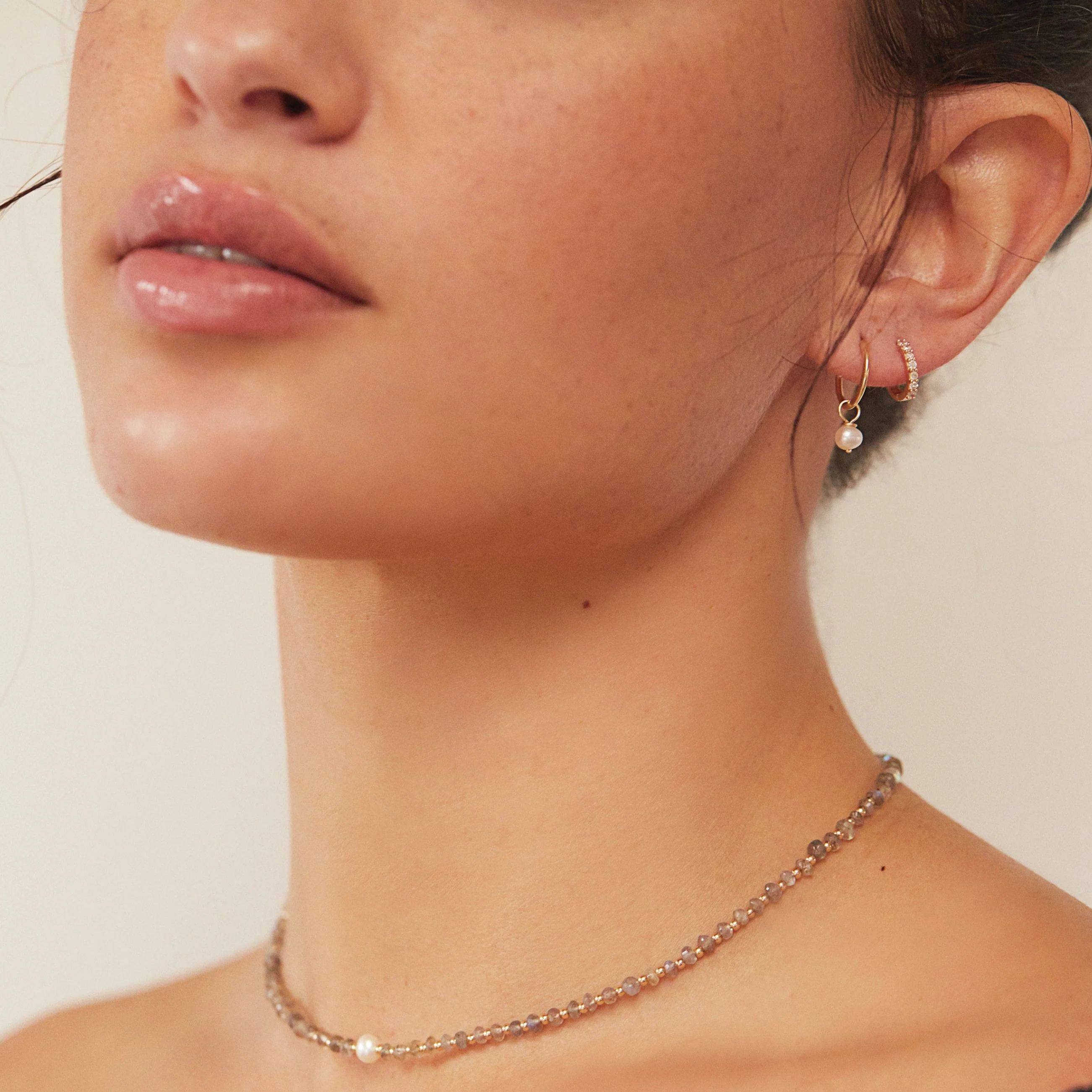 Solid Gold Small Pearl Drop Hoop Earrings - Image 6