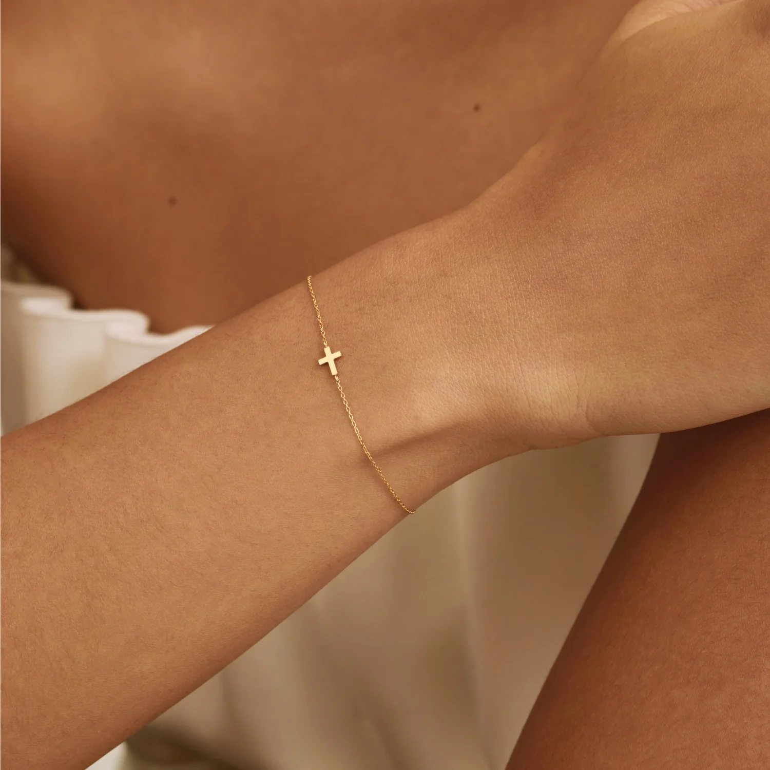 Solid Gold Tiny Cross Bracelet - Image 2