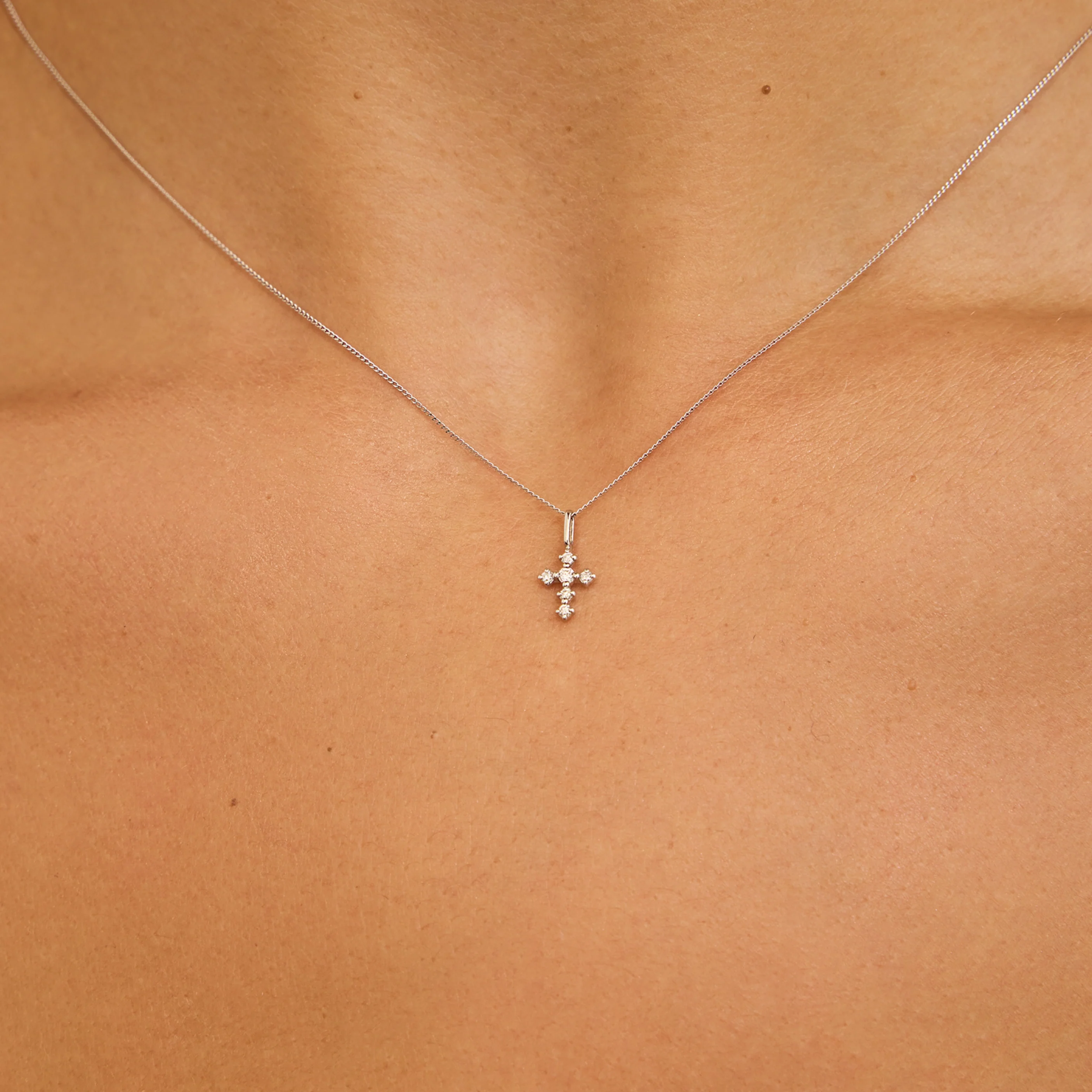 Solid White Gold Brilliant Genuine Diamond Tiny Cross Necklace - Image 3