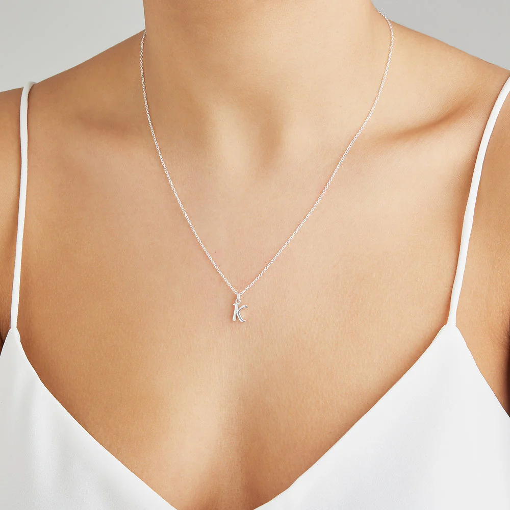 Solid White Gold Curve Initial Letter Necklace - Image 6