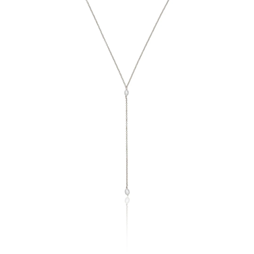 Solid White Gold Double Seed Pearl Lariat Necklace