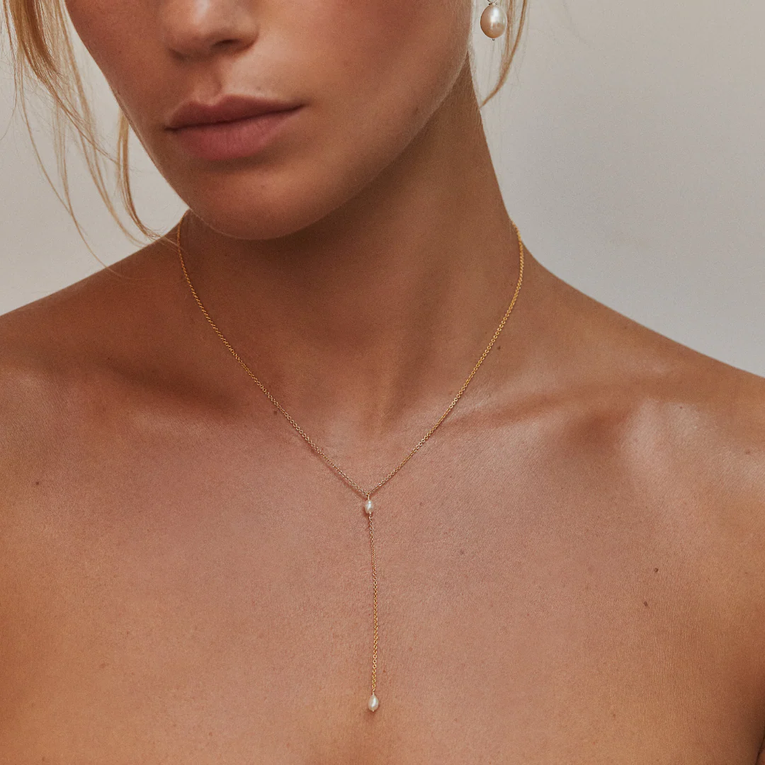 Solid White Gold Double Seed Pearl Lariat Necklace - Image 2