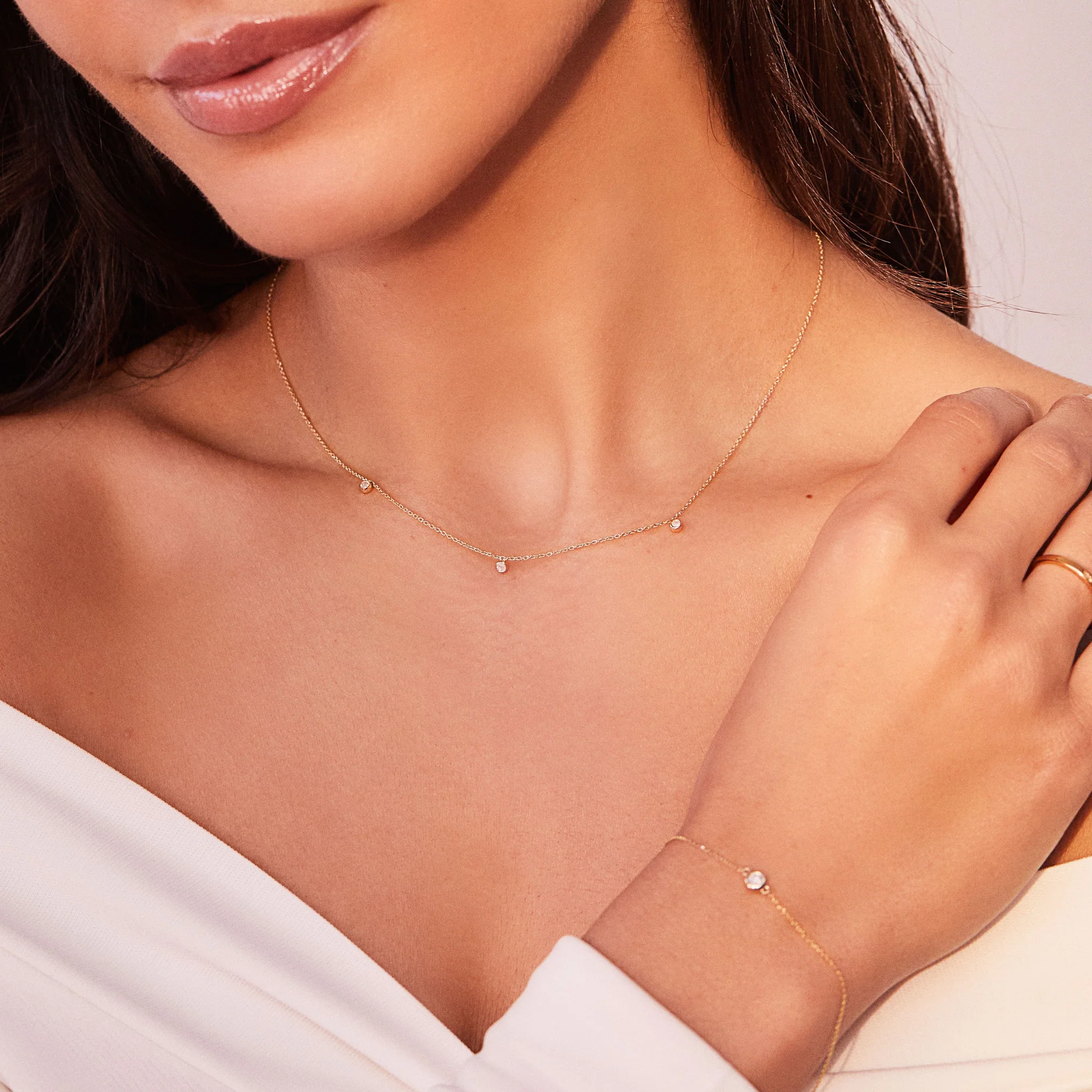 Solid White Gold Floating Diamond Drop Necklace - Image 3