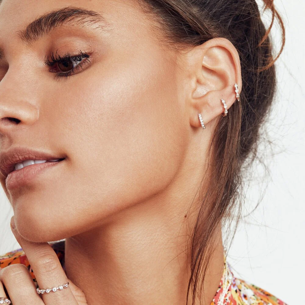 Solid White Gold Genuine Diamond Huggie Hoop Earrings - Image 3