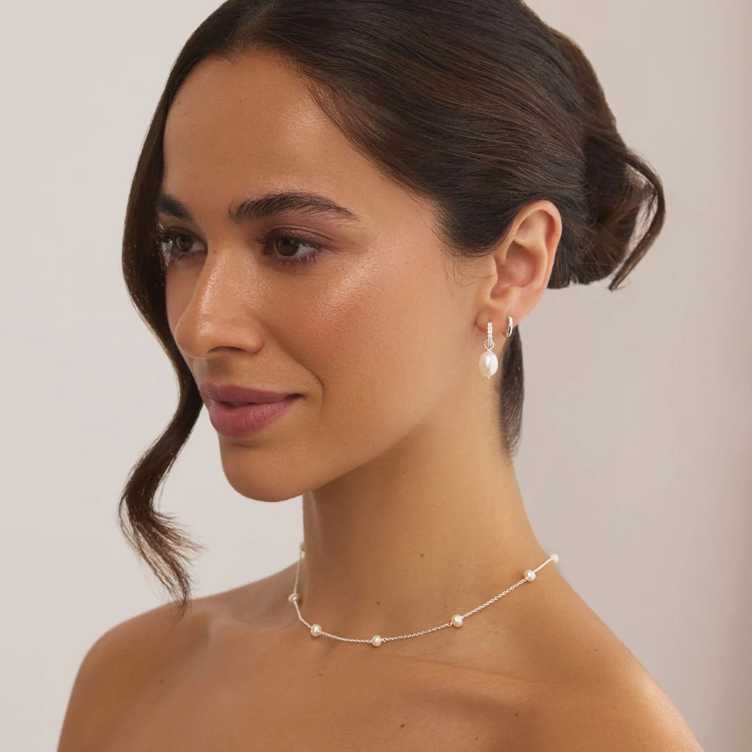 Silver Huggie Pearl Drop Earrings - Image 4