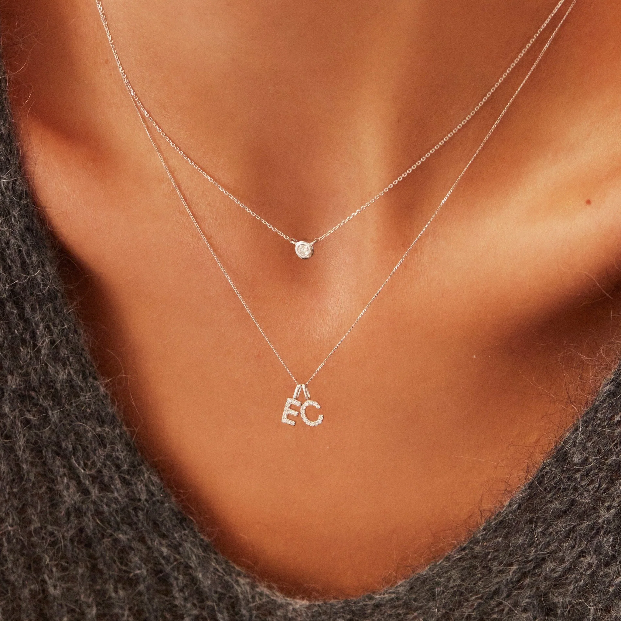 Solid White Gold Genuine Diamond Initial Letter Necklace - Image 3