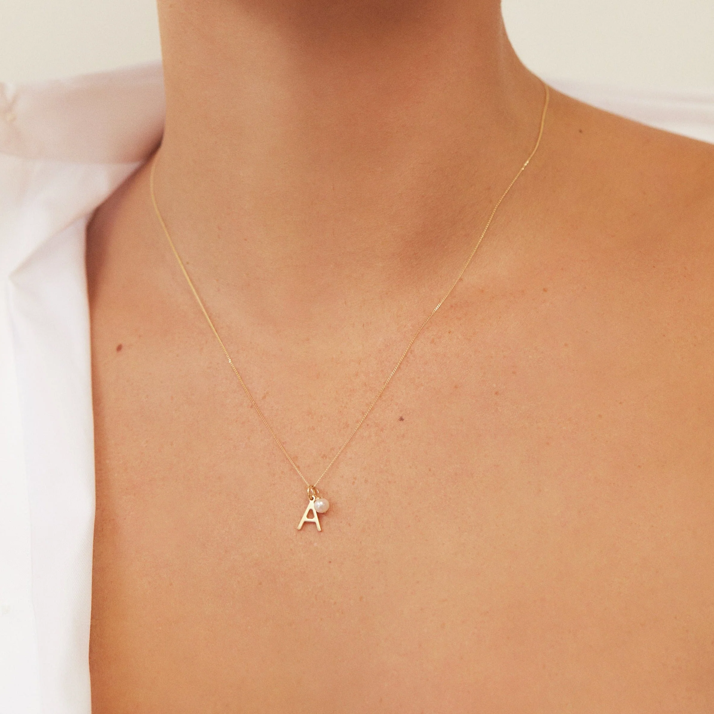 Solid White Gold Initial and Pearl Drop Necklace - Image 4