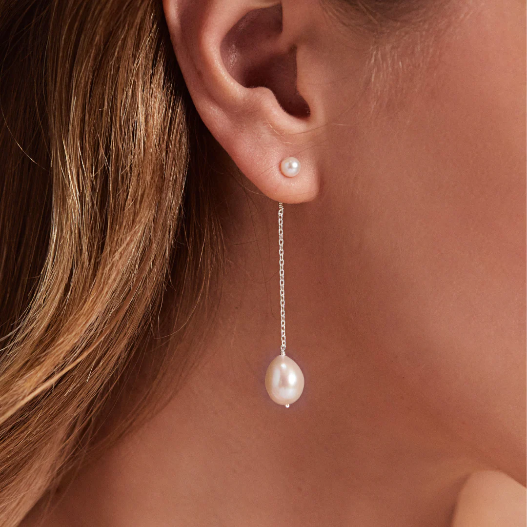 Solid White Gold Large and Small Pearl Drop Stud Earrings - Image 2