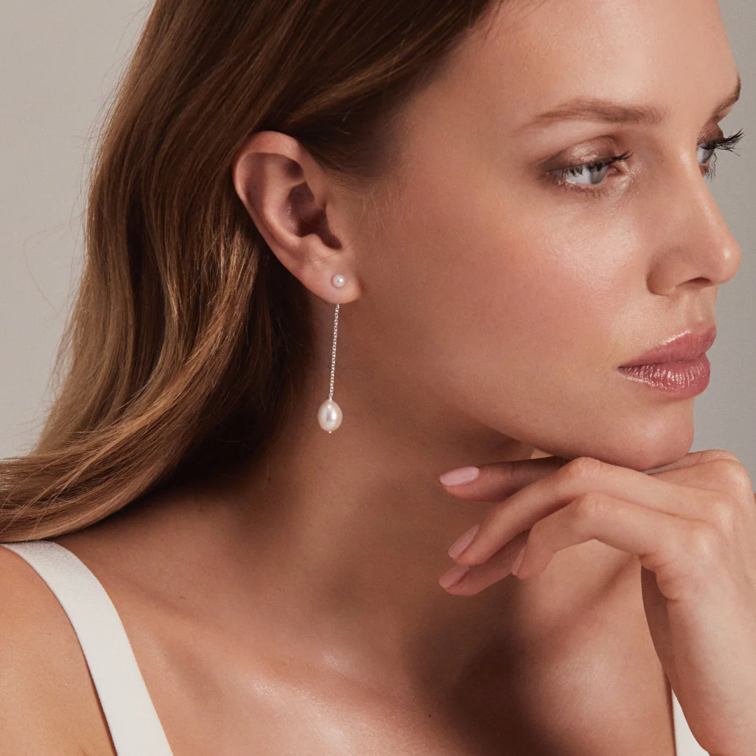 Solid White Gold Large and Small Pearl Drop Stud Earrings - Image 4