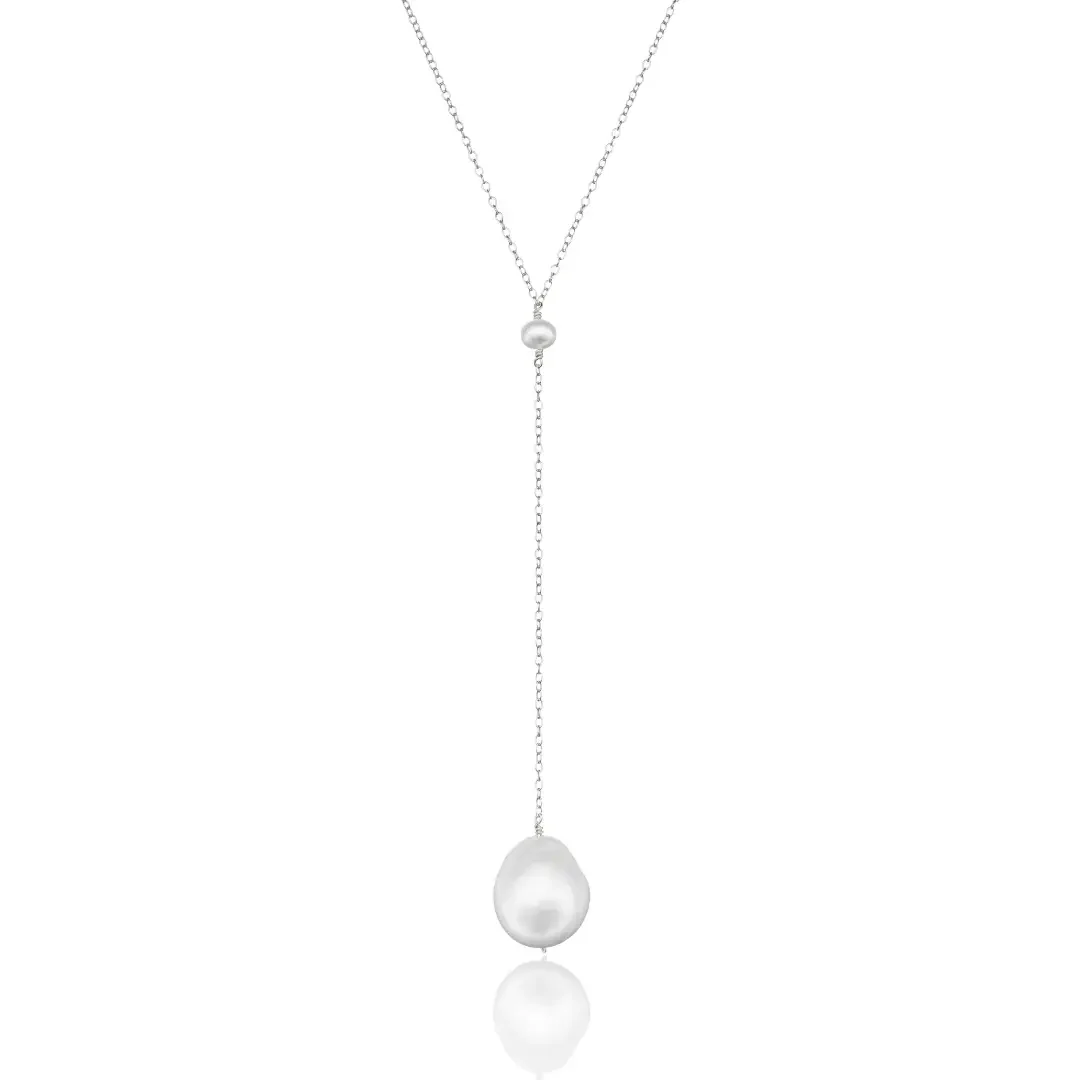 Solid White Gold Large Baroque Pearl Lariat Necklace
