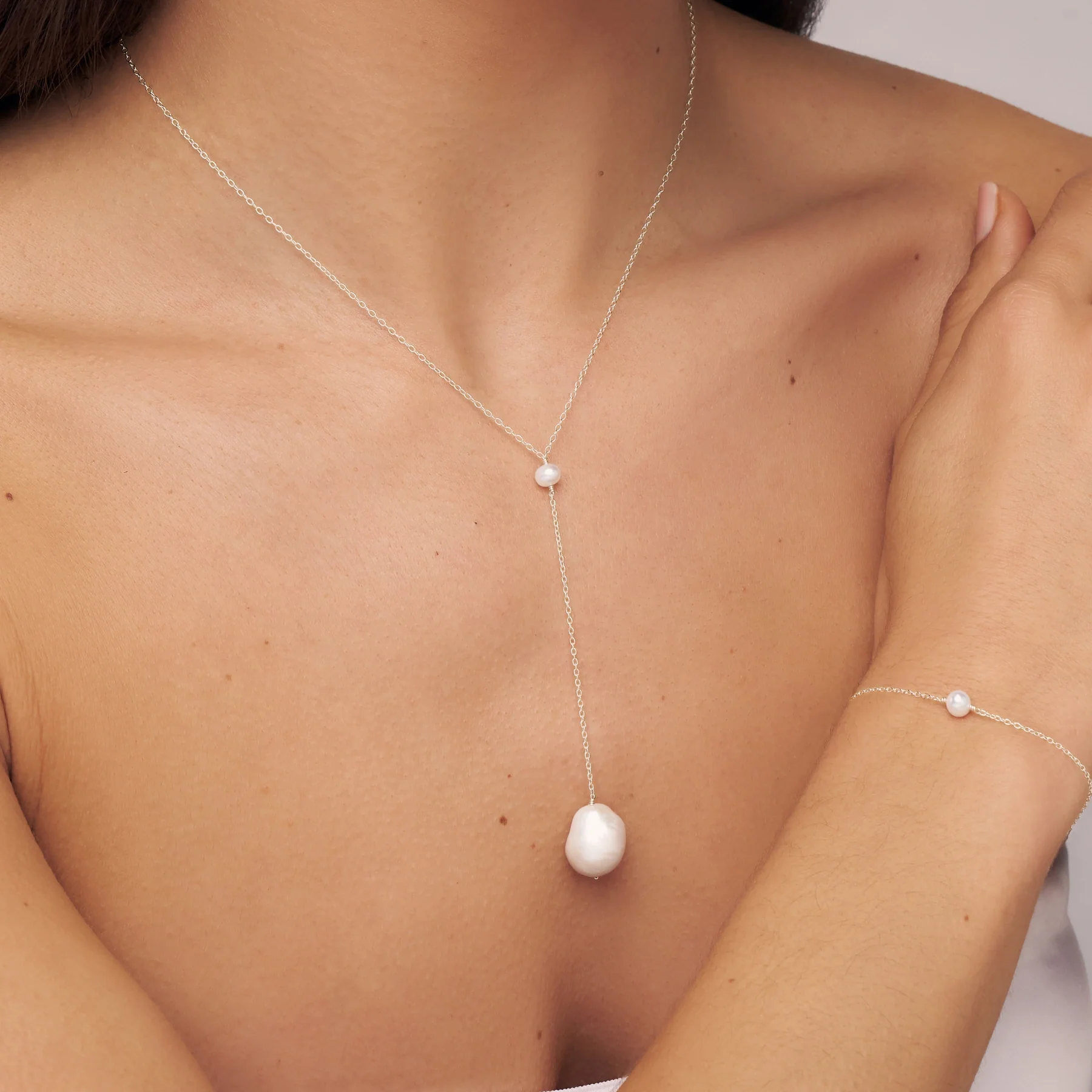 Solid White Gold Large Baroque Pearl Lariat Necklace - Image 2