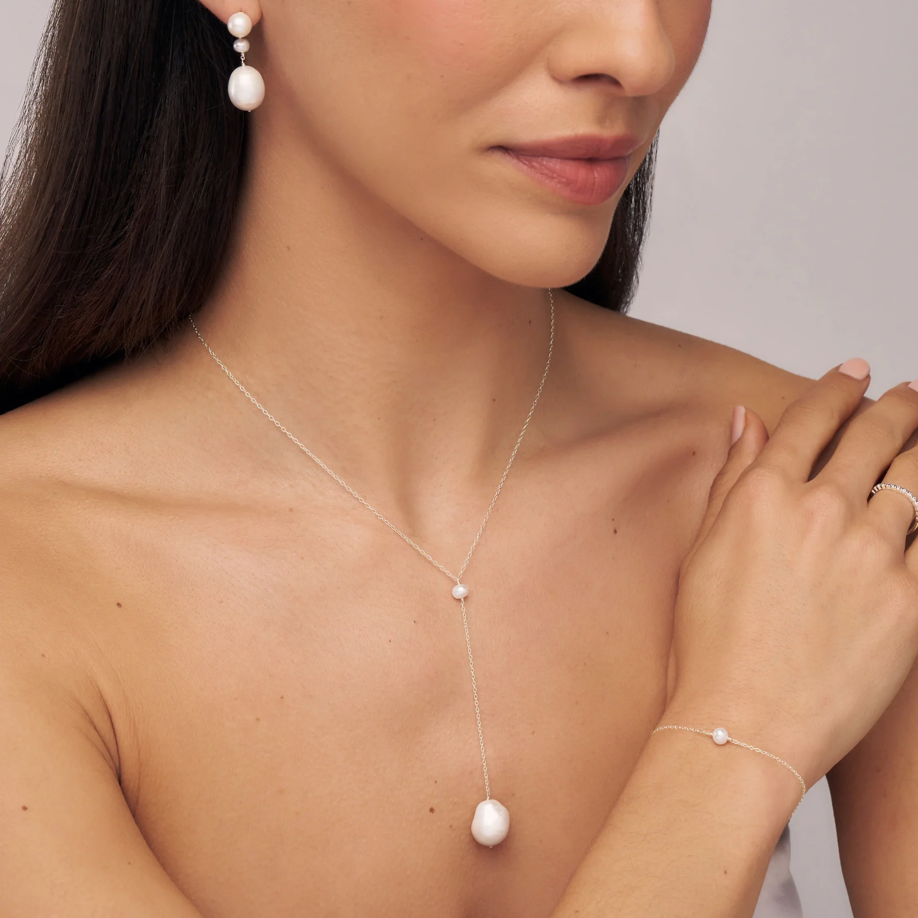 Solid White Gold Large Baroque Pearl Lariat Necklace - Image 3