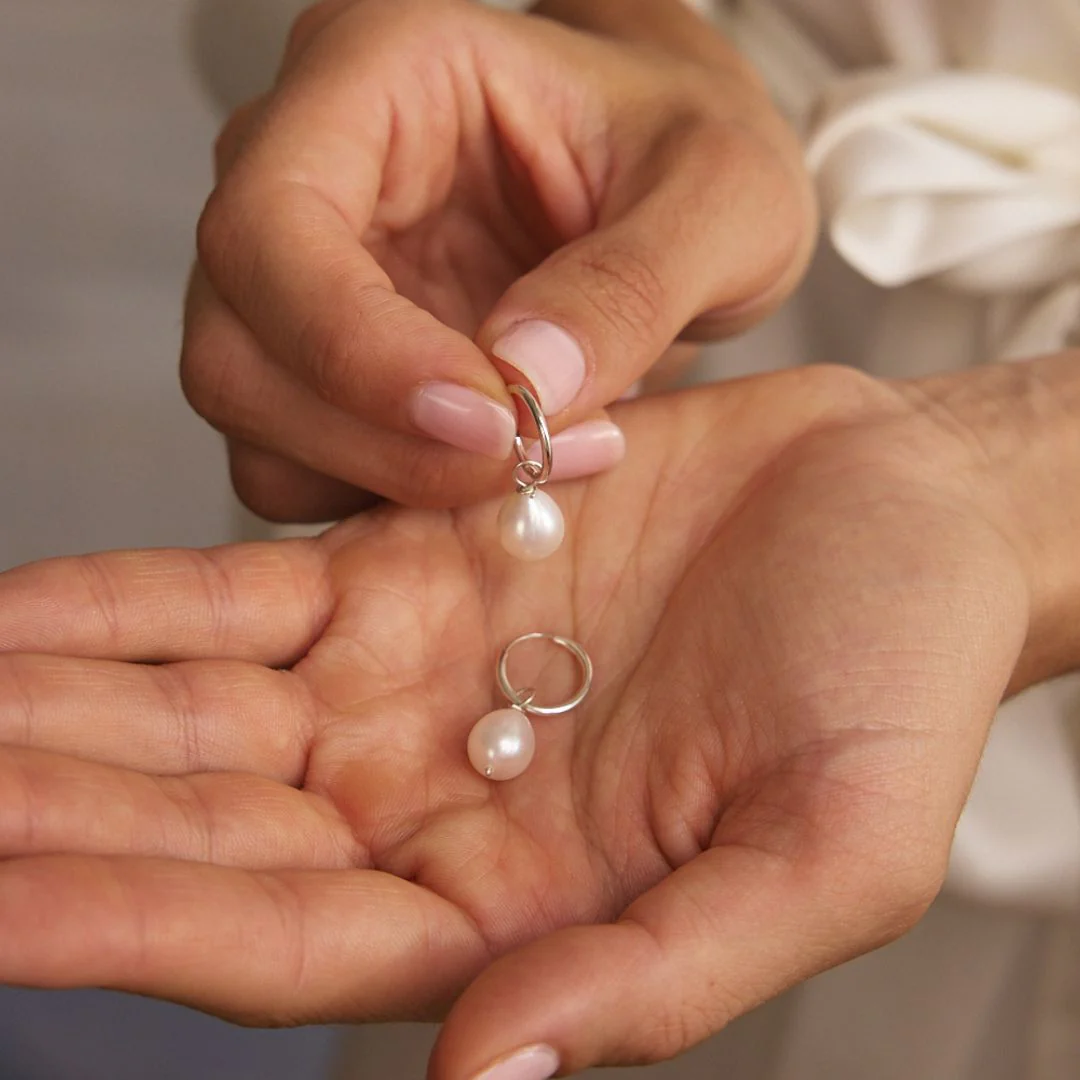 Silver Large Pearl Drop Hoop Earrings - Image 7