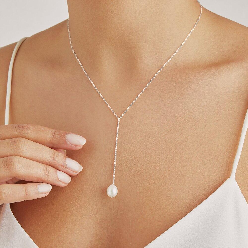 Solid White Gold Large Pearl Lariat Necklace - Image 2