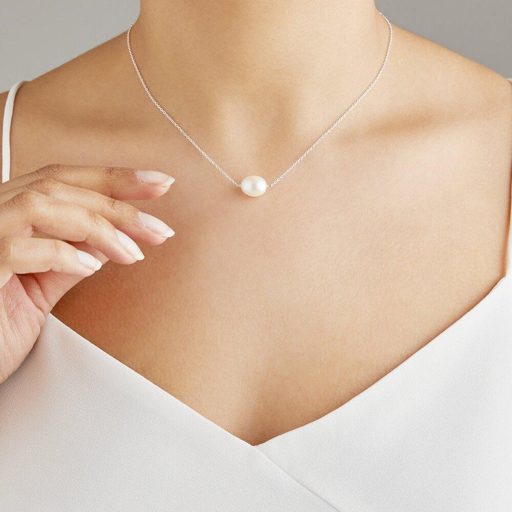 Solid White Gold Large Single Pearl Choker - Image 2