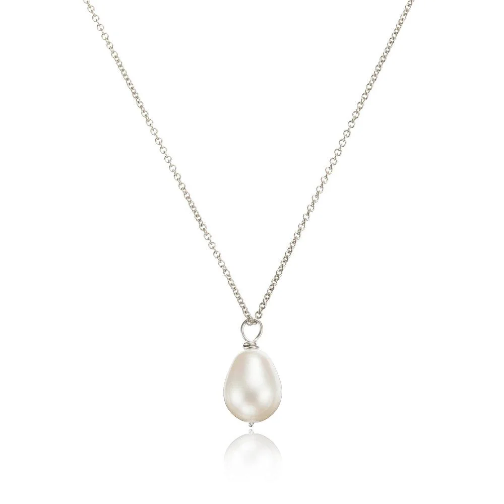 Solid White Gold Large Single Pearl Necklace