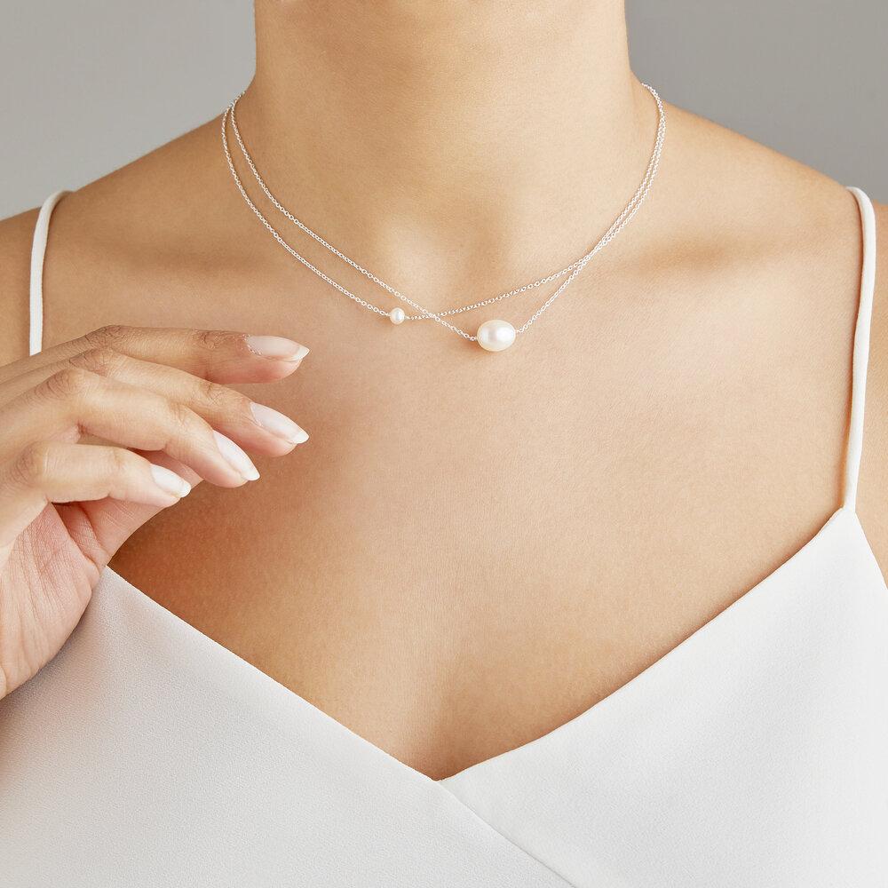 Solid White Gold Layered Large and Small Pearl Choker - Image 2
