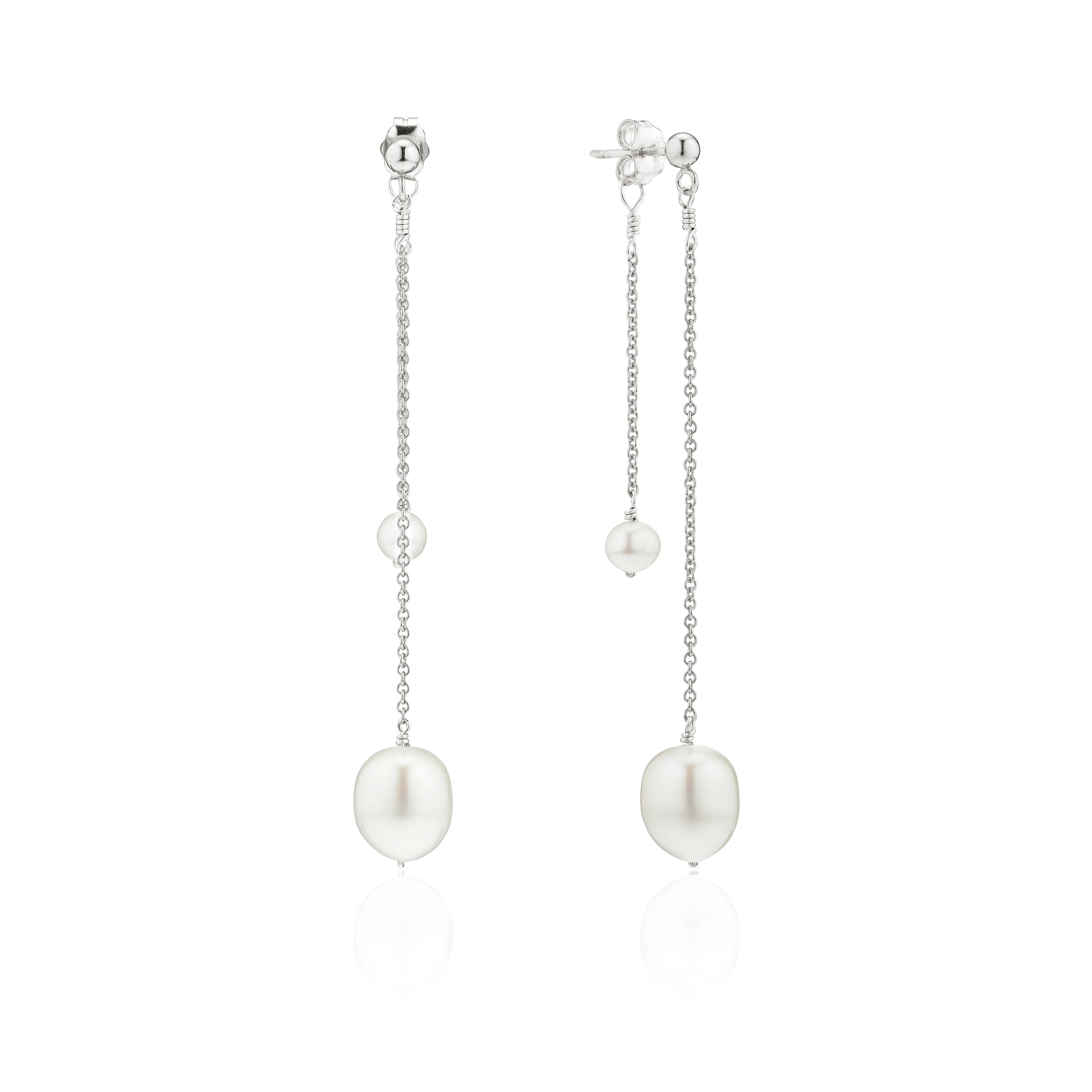 Solid White Gold Layered Large and Small Pearl Earrings