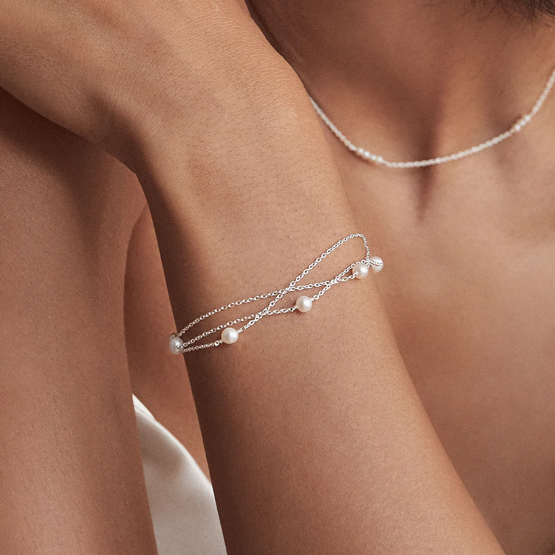 Solid White Gold Layered Pearl Bracelet - Image 2
