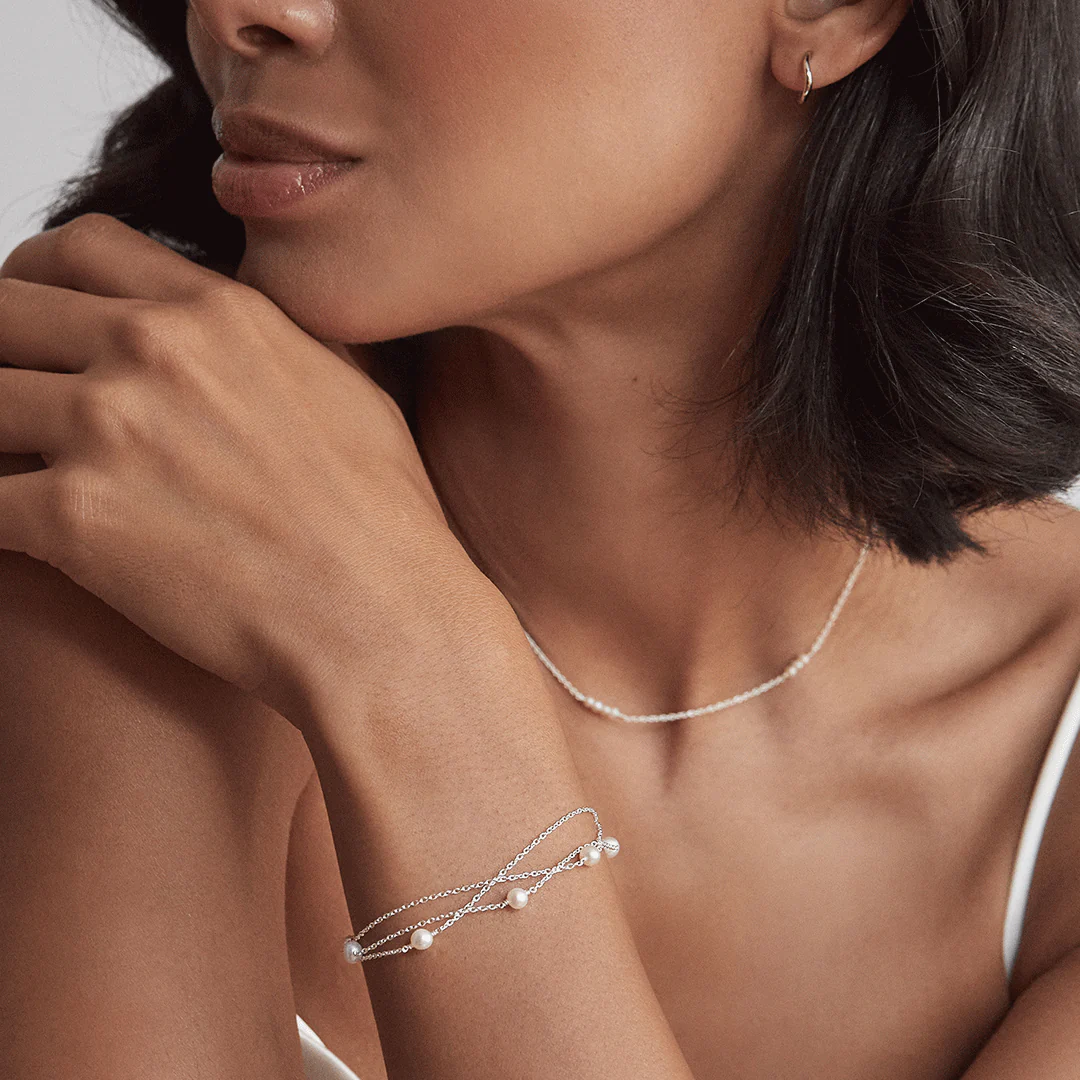 Solid White Gold Layered Pearl Bracelet - Image 3