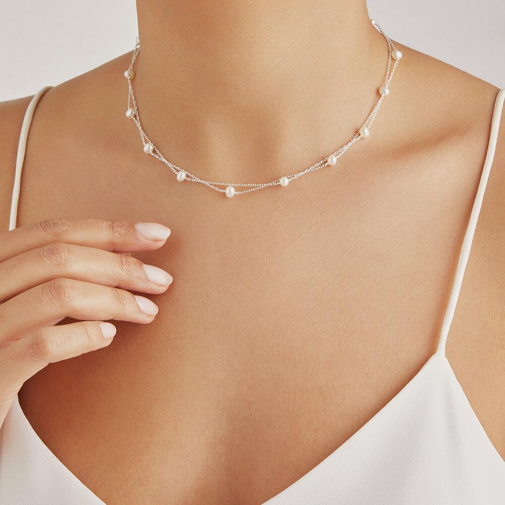 Solid White Gold Layered Pearl Necklace - Image 2