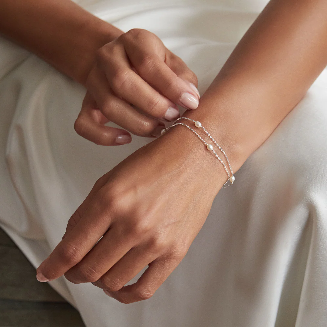 Solid White Gold Layered Seed Pearl Bracelet - Image 2