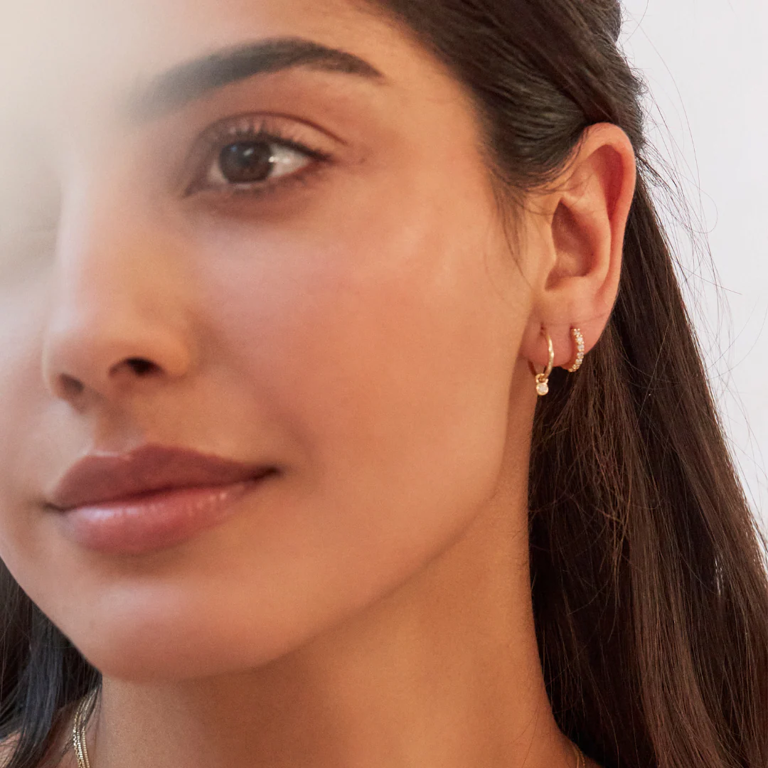 Solid White Gold Mini Floating Diamond Hoop Earrings - Image 8