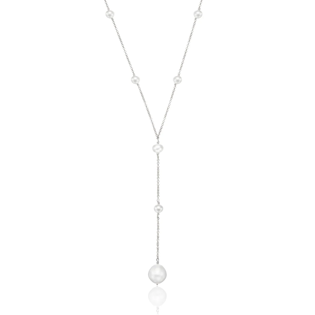 Solid White Gold Multi Pearl Lariat Necklace - Image 5