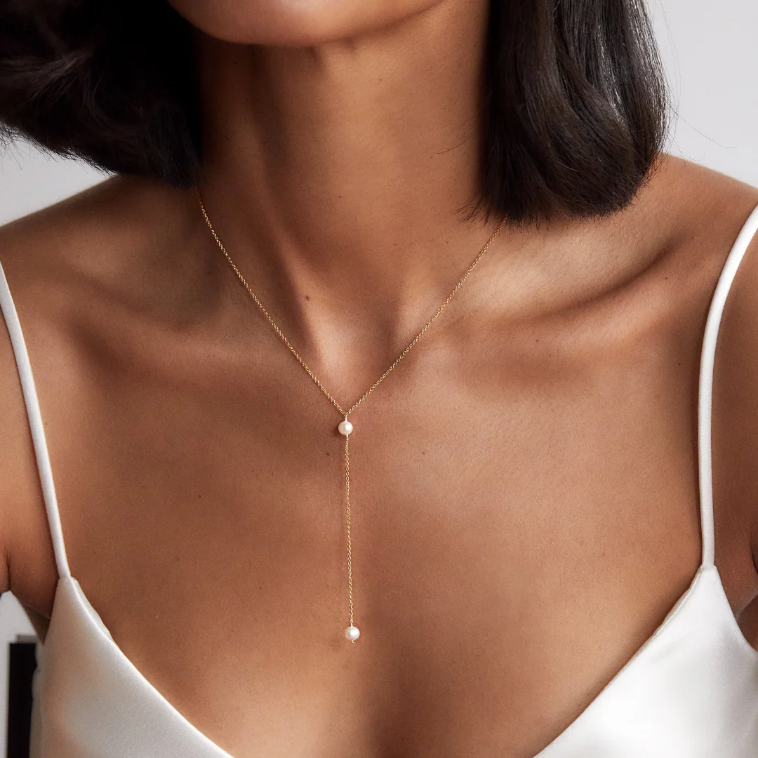 Solid White Gold Pearl Lariat Necklace - Image 2