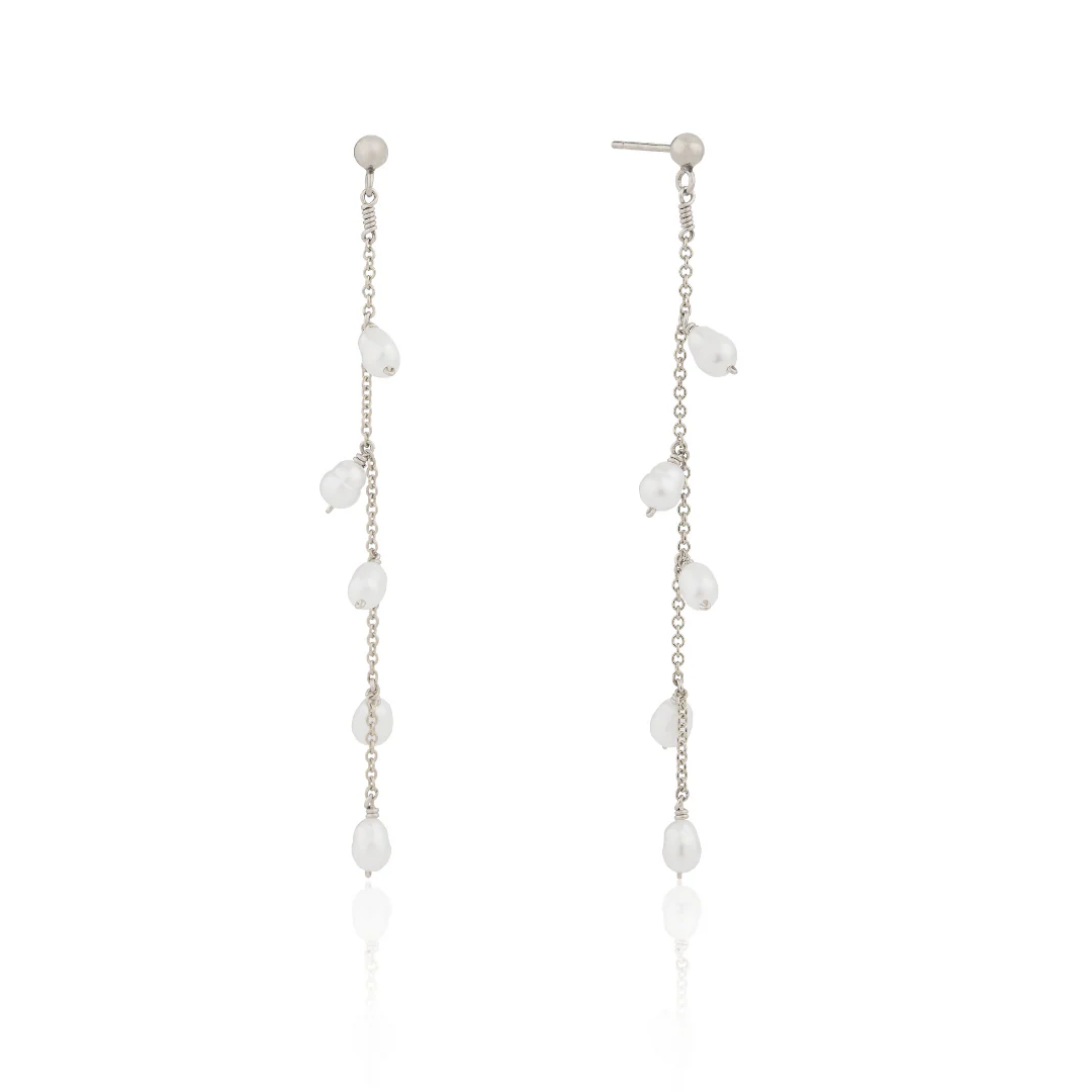 Solid White Gold Seed Pearl Drop Earrings