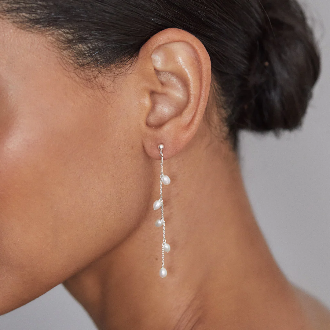 Solid White Gold Seed Pearl Drop Earrings - Image 2