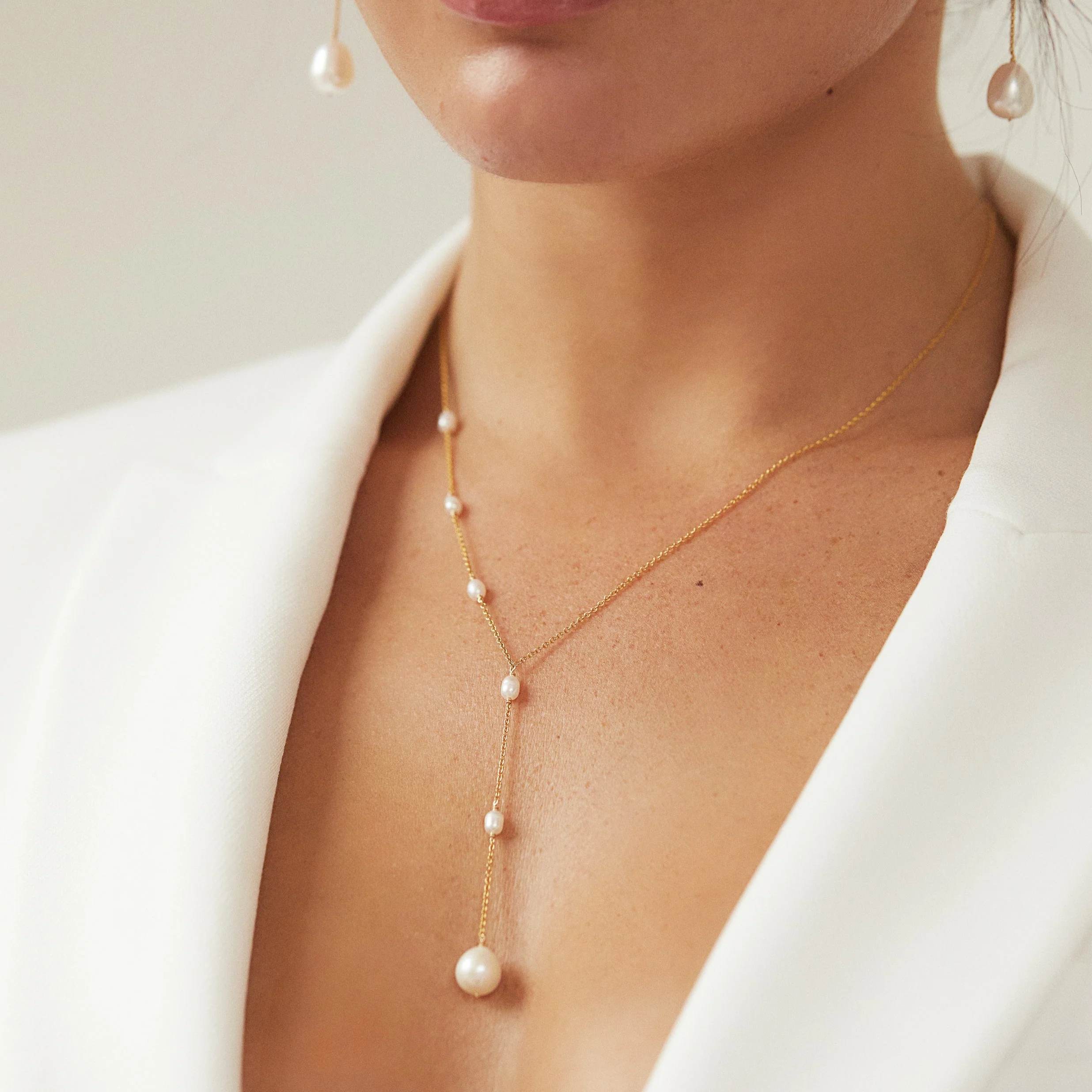 Solid White Gold Seed Pearl Lariat Necklace - Image 4