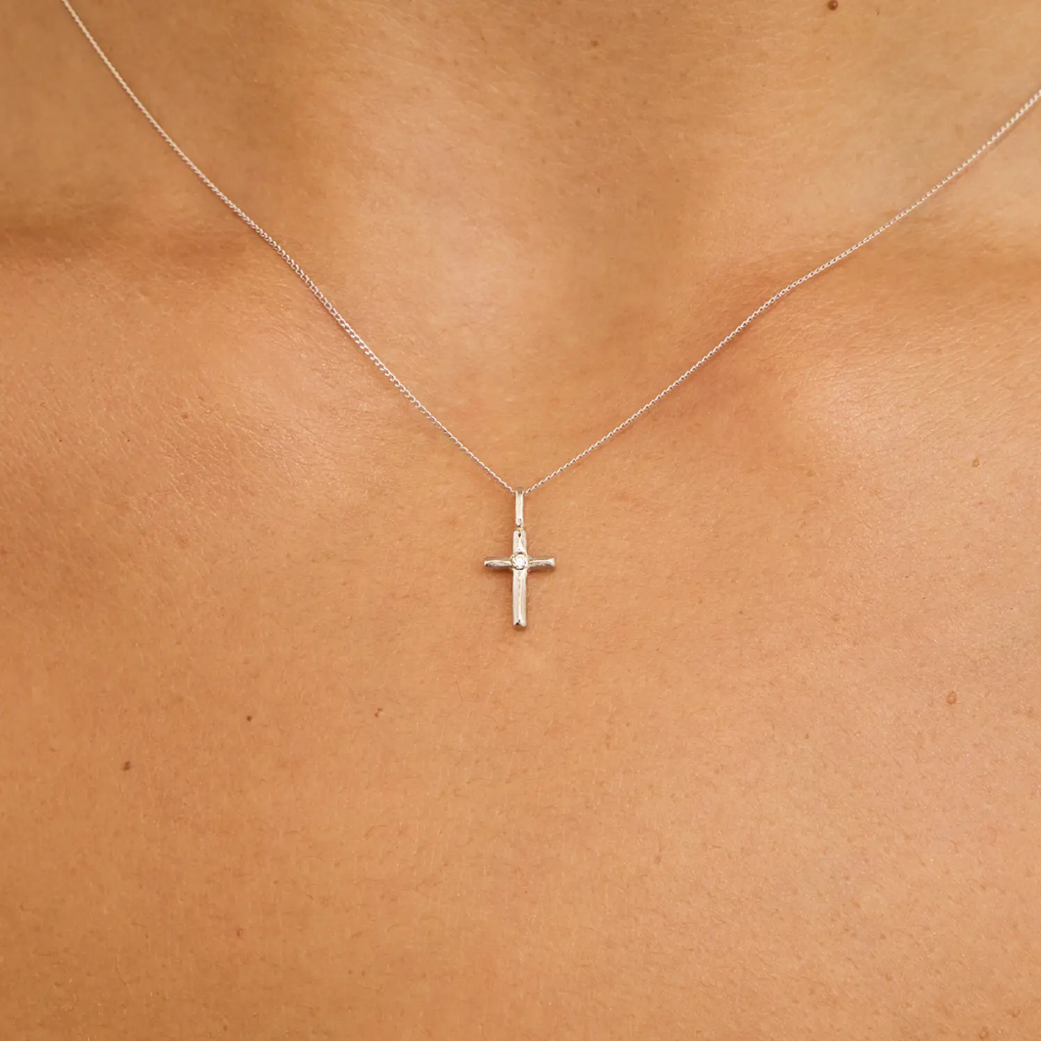 Solid White Gold Individual Single Genuine Diamond Tiny Cross Charm - Image 2