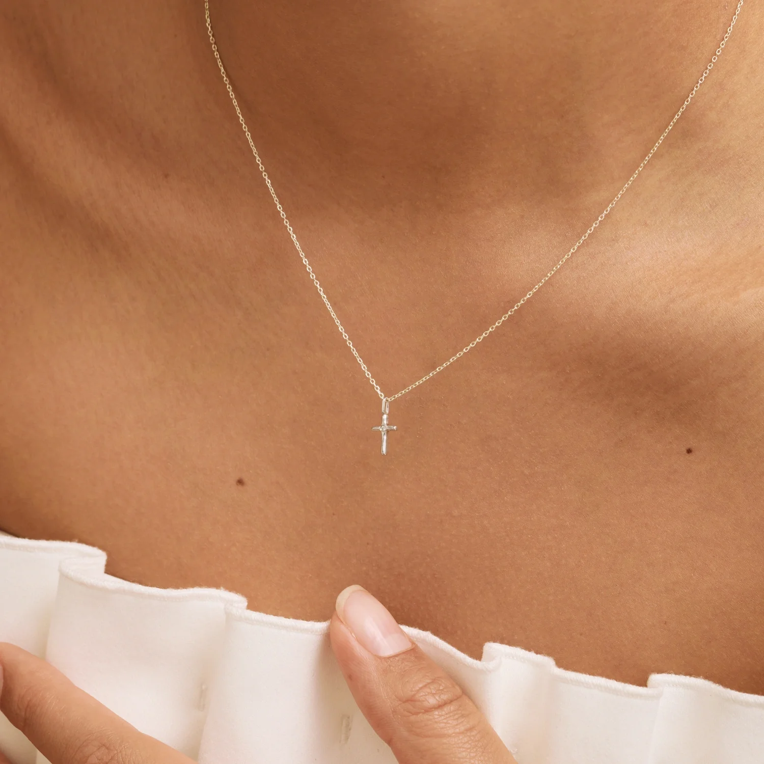 Solid White Gold Single Genuine Diamond Tiny Cross Necklace - Image 3