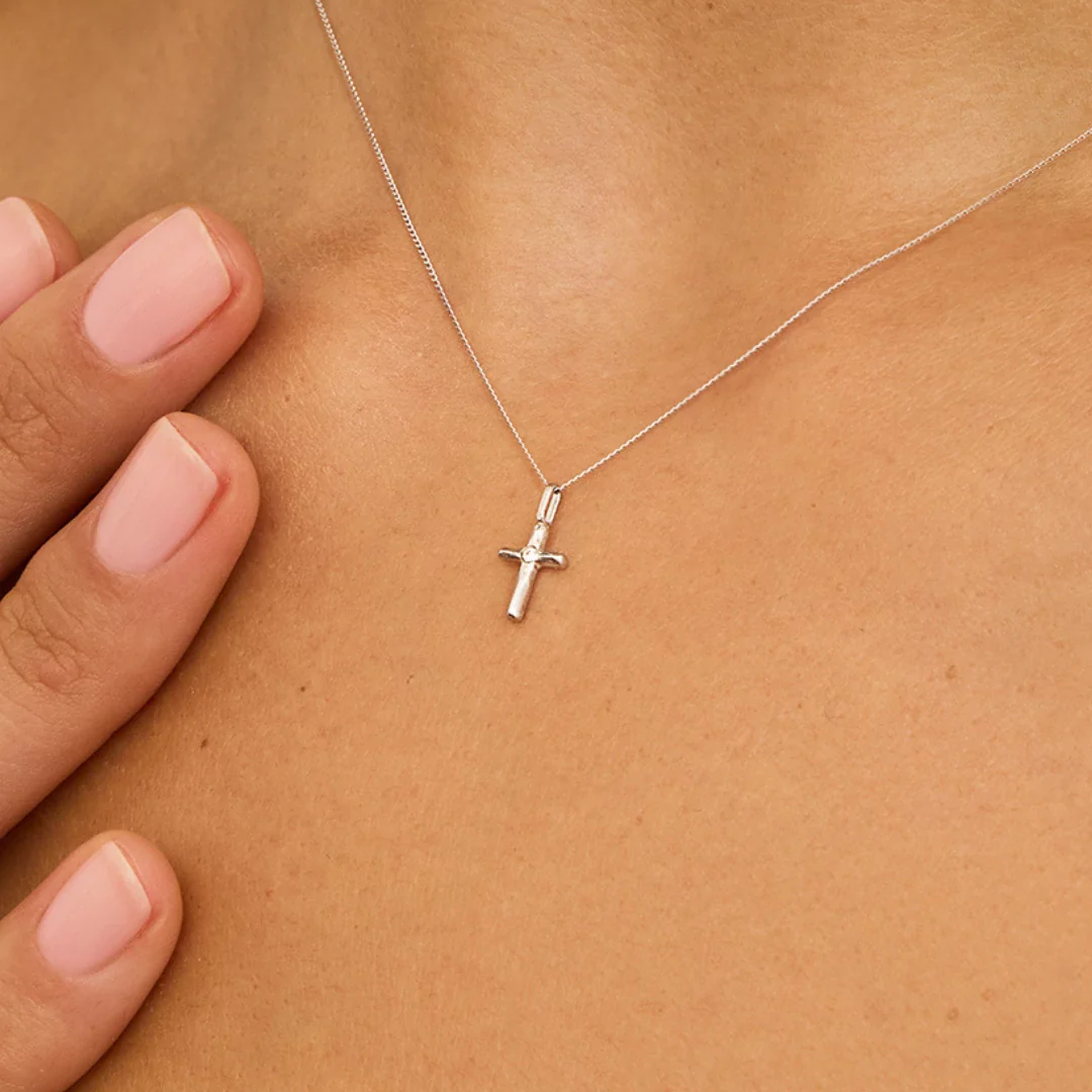 Solid White Gold Single Genuine Diamond Tiny Cross Necklace - Image 4