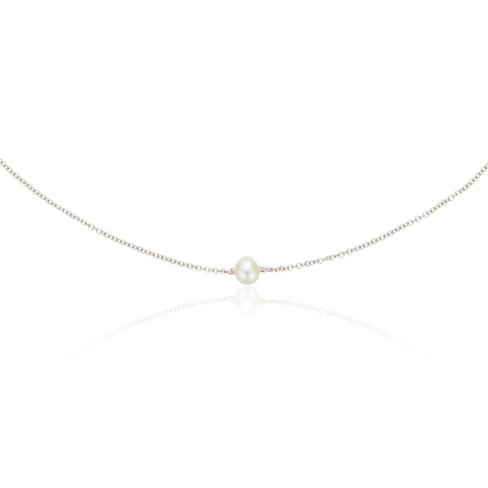 Solid White Gold Single Pearl Choker