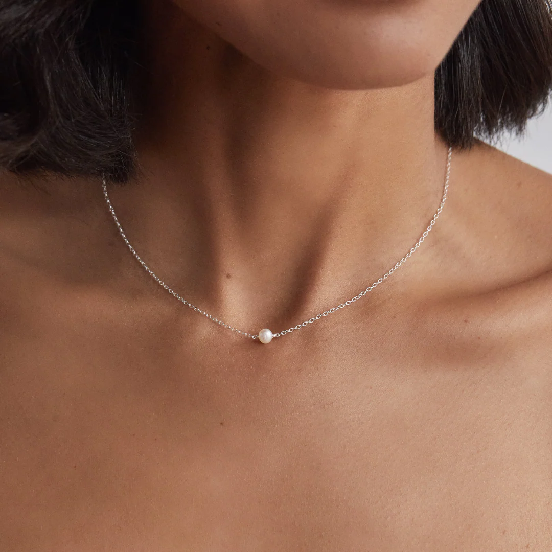 Solid White Gold Single Pearl Choker - Image 2