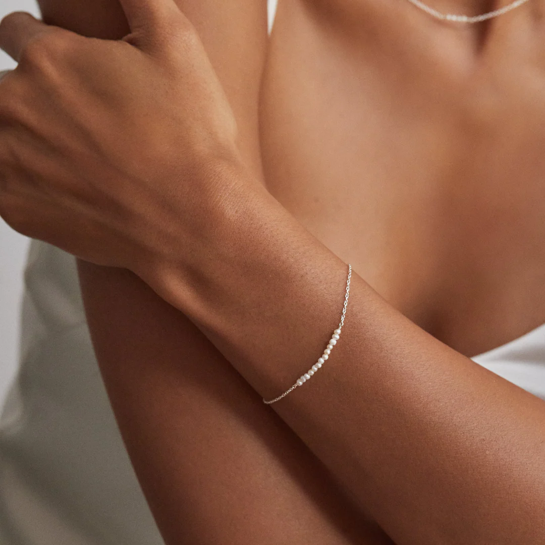 Solid White Gold Small Pearl Cluster Bracelet - Image 2
