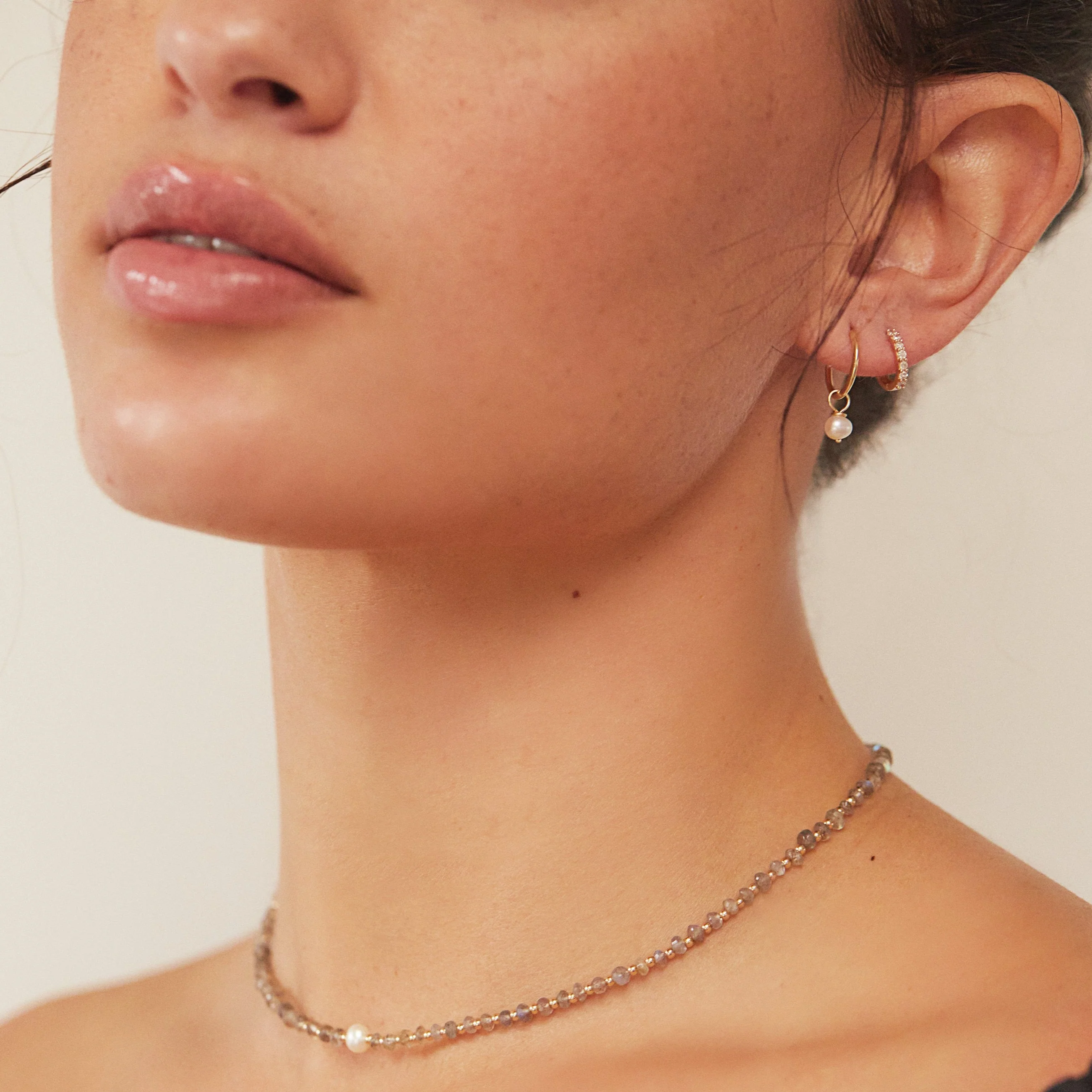 Solid White Gold Small Pearl Drop Hoop Earrings - Image 4