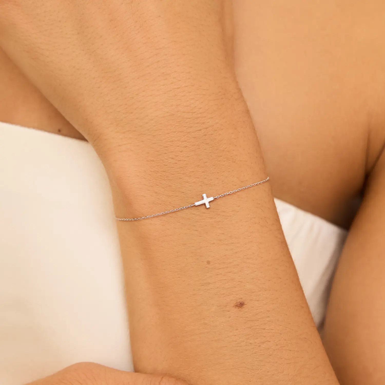 Solid White Gold Tiny Cross Bracelet - Image 2