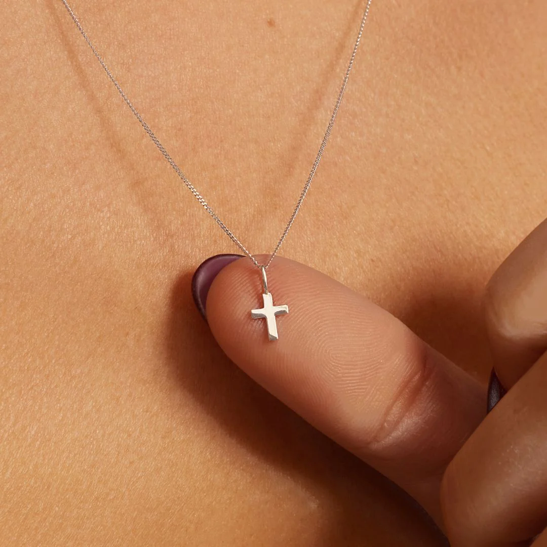 Solid White Gold Tiny Cross Necklace - Image 3